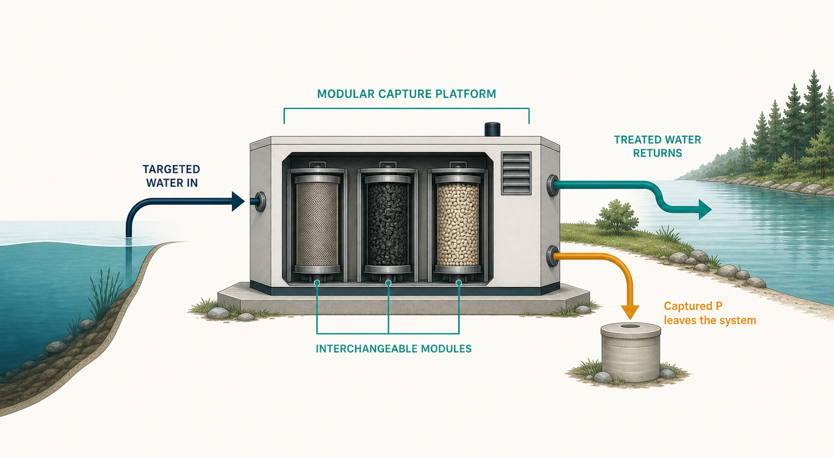 Targeted water enters a modular capture platform with three interchangeable treatment modules. Treated water returns to the lake while captured phosphorus leaves the system.