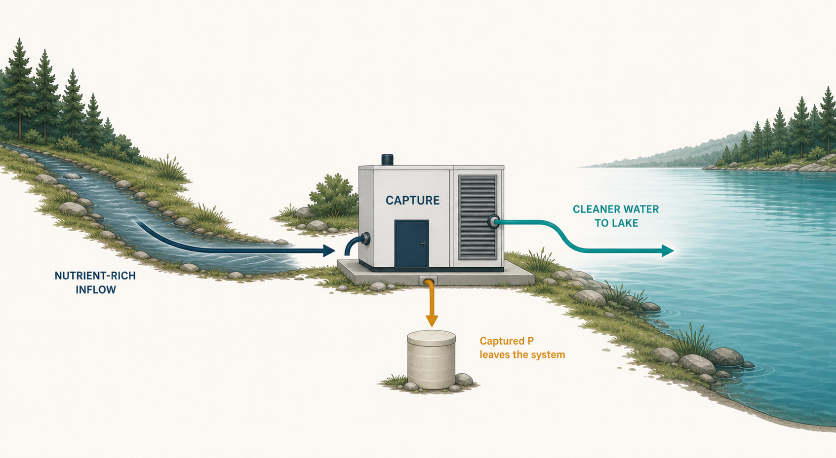 A nutrient-rich tributary flows into a shore-based capture unit before reaching a lake. Cleaner water continues to the lake while captured phosphorus leaves the system in a separate vessel.