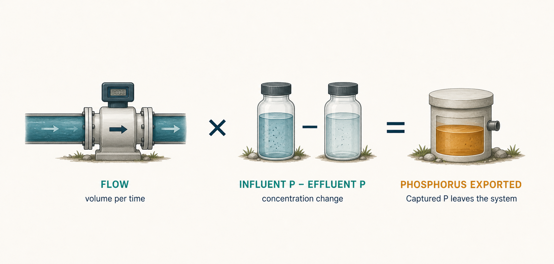 Measured flow multiplied by the difference between influent and effluent phosphorus concentration equals the mass of phosphorus exported from the system.