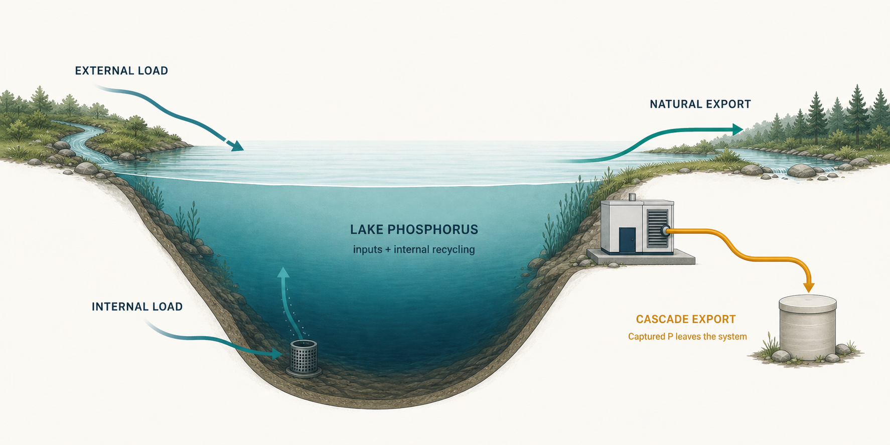 A lake nutrient budget receives phosphorus from external inflows and internal sediment recycling. Natural export removes some phosphorus, while Cascade creates an additional pathway where captured phosphorus leaves the system.