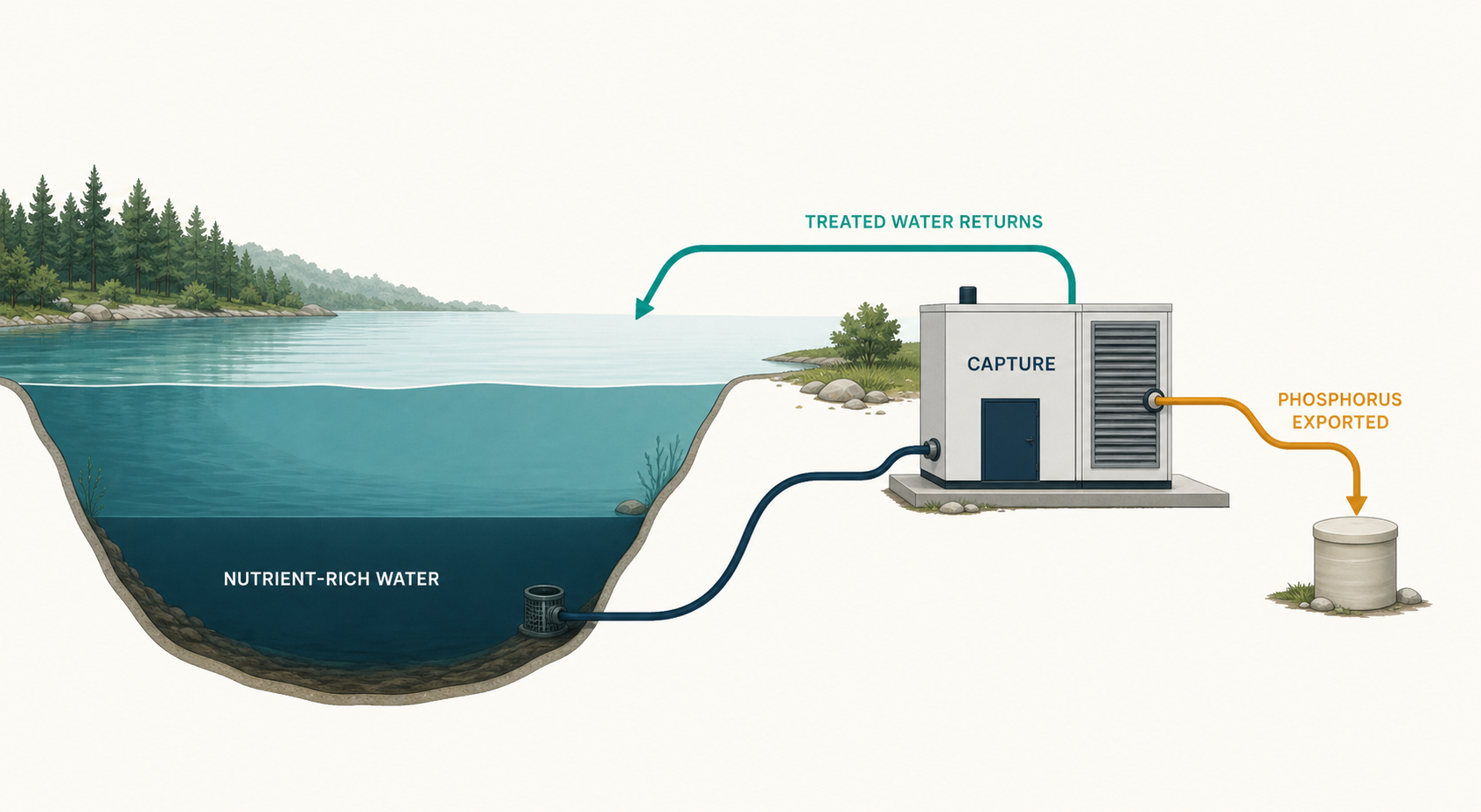 A cross-section of a lake shows nutrient-rich deep water flowing to a shore-based capture unit. Treated water returns to the lake while captured phosphorus is exported into a separate collection vessel.